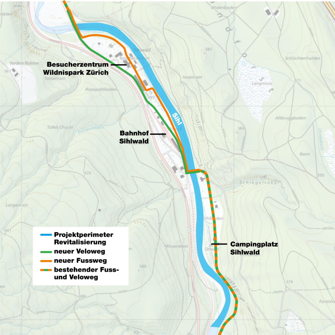 Der Perimeter für die baulichen Massnahmen umfasst bei bei Sihlwald einen Flussabschnitt von rund 1,8 Kilometern. | Plan © AWEL Der Perimeter für die baulichen Massnahmen umfasst bei bei Sihlwald einen Flussabschnitt von rund 1,8 Kilometern. | Plan © AWEL