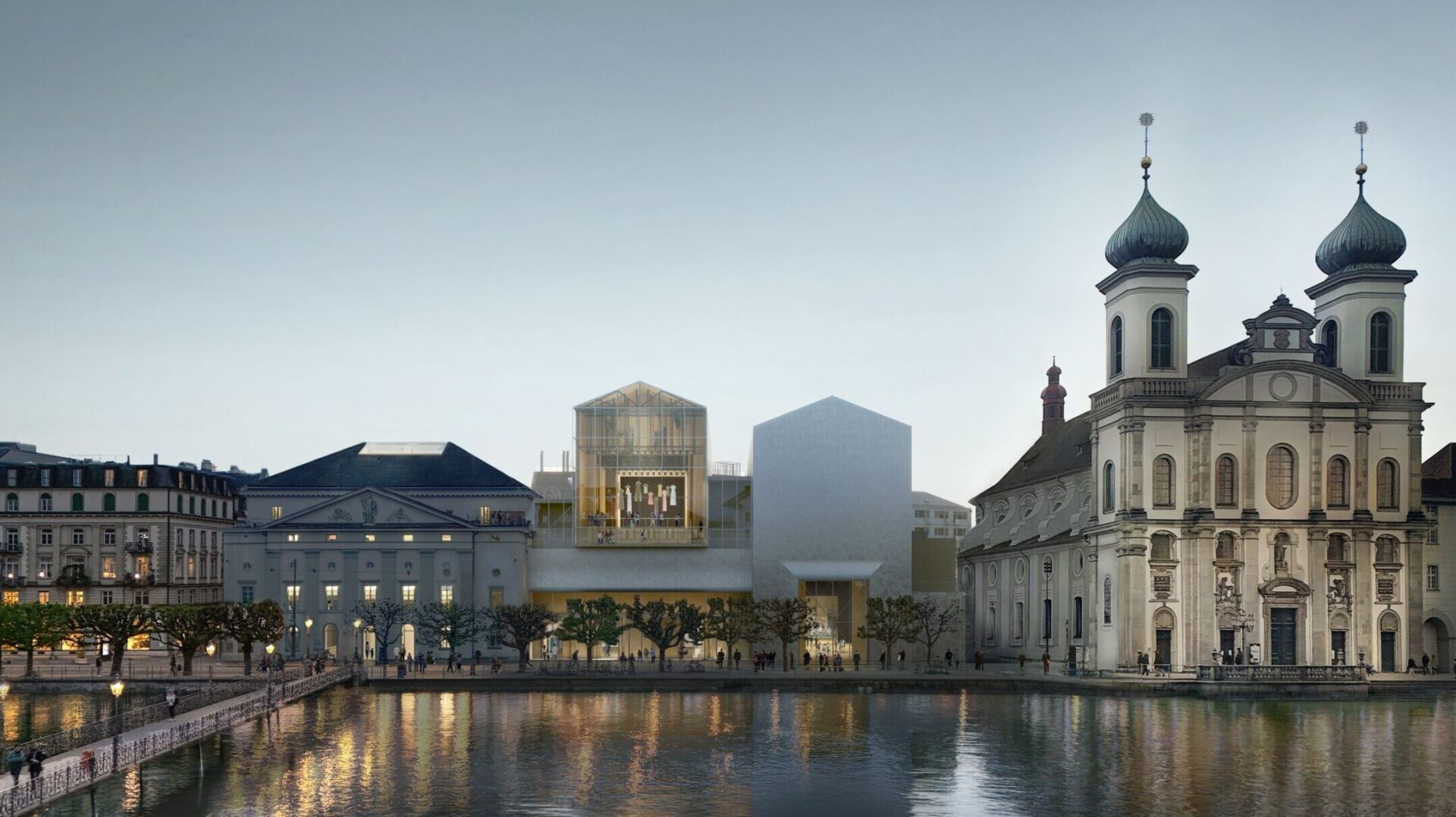 Das neue Theater erweitert gewissermassen den vorhandenen Bau. Bei der Überarbeitung wurde der Abstand zur Jesuitenkirch vergrössert. | Visualisierung © Ilg Santer Architekten, Zürich Das neue Theater erweitert gewissermassen den vorhandenen Bau. Bei der Überarbeitung wurde der Abstand zur Jesuitenkirch vergrössert. | Visualisierung © Ilg Santer Architekten, Zürich