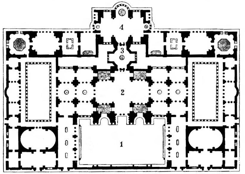 Plan d'étage du bâtiment principal des Thermes de Dioclétien, séquence des pièces: 1. Piscine, 2. Frigidarium, 3. Tepidarium, 4. Caladarium Plan d'étage du bâtiment principal des Thermes de Dioclétien, séquence des pièces: 1. Piscine, 2. Frigidarium, 3. Tepidarium, 4. Caladarium