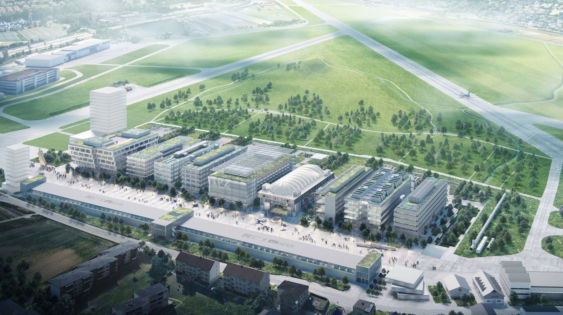 Wie wird der Innovationspark Dübendorf dereinst aussehen? Die Neubauprojekte für die erste Etappe des Innvationsparks Dübendorf stehen fest. Für das erste sollen die Bauarbeiten noch dieses Jahr starten. | Visualisierung: Innovation Park Zürich Wie wird der Innovationspark Dübendorf dereinst aussehen? Die Neubauprojekte für die erste Etappe des Innvationsparks Dübendorf stehen fest. Für das erste sollen die Bauarbeiten noch dieses Jahr starten. | Visualisierung: Innovation Park Zürich
