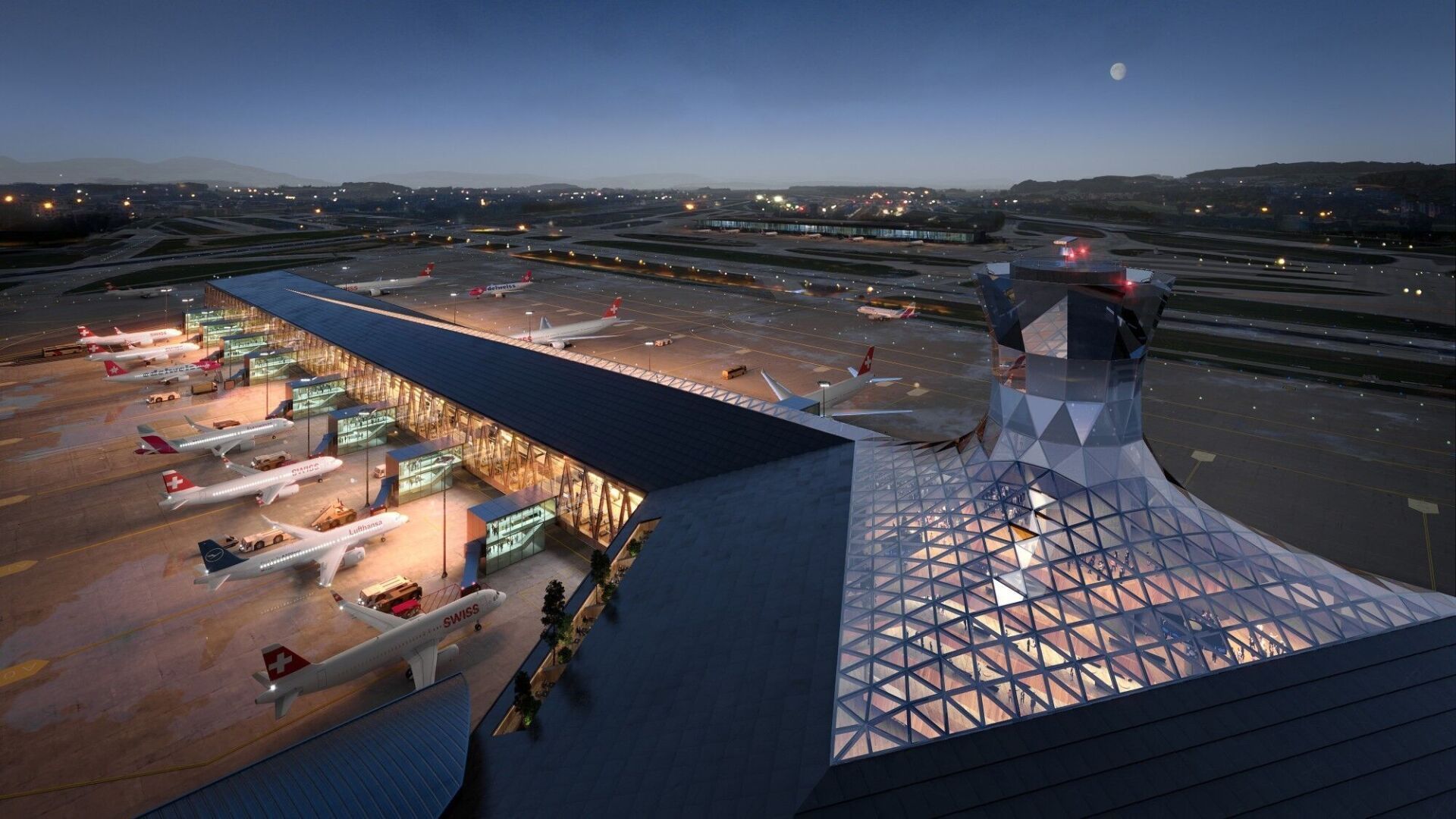Visualisierung: Das neue Dock A am Flughafen Zürich soll grösstenteils aus Holz gebaut werden. | © Bucharest Studio Visualisierung: Das neue Dock A am Flughafen Zürich soll grösstenteils aus Holz gebaut werden. | © Bucharest Studio