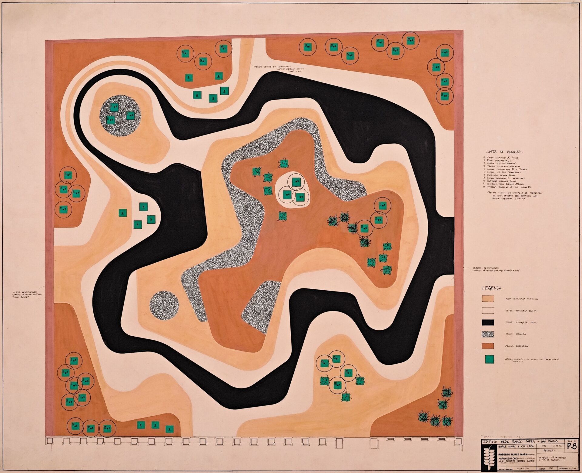 Burle Marx & Cia. Ltda., Hauptsit der Banco Safra, São Paulo, Blatt P. 8, Plan des Dachgartens mit Pflanzenliste, 11.12.1986, Gouache, Tusche und heliografischer Druck auf Sulfitpapier, 80,8 × 99,5 cm | Plan © Acervo Instituto Burle Marx Burle Marx & Cia. Ltda., Hauptsit der Banco Safra, São Paulo, Blatt P. 8, Plan des Dachgartens mit Pflanzenliste, 11.12.1986, Gouache, Tusche und heliografischer Druck auf Sulfitpapier, 80,8 × 99,5 cm | Plan © Acervo Instituto Burle Marx