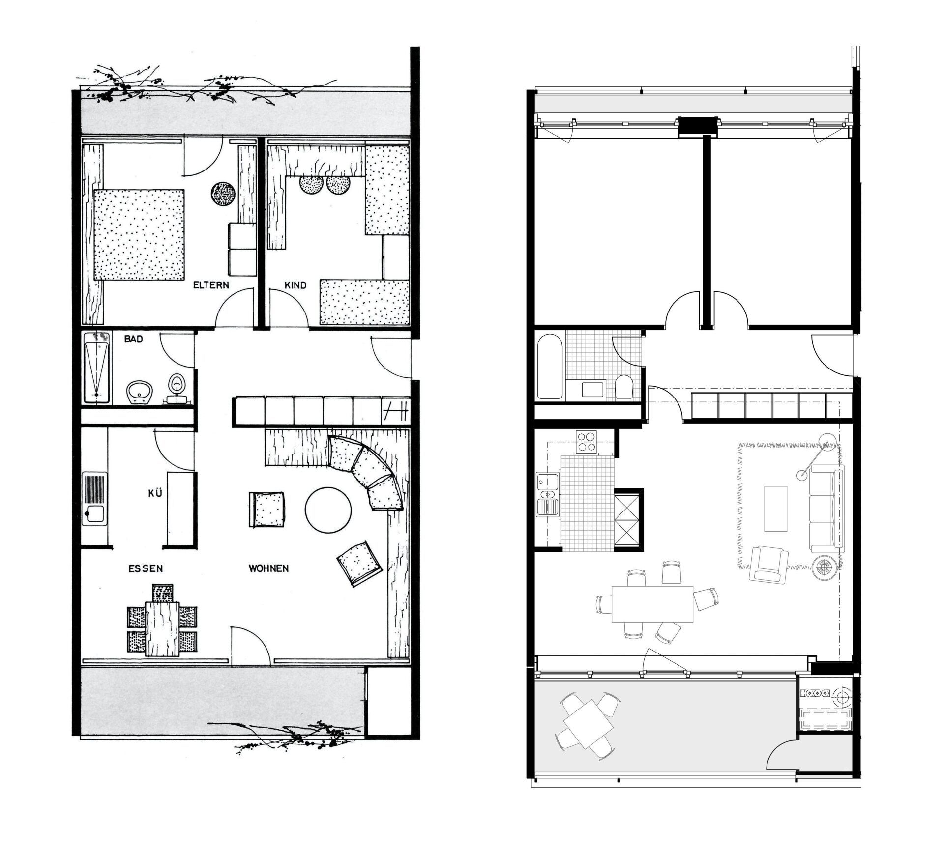 Die Grundrisse der Wohnungen blieben annähernd unverändert. Lediglich die Schlafräume wurden leicht auf Kosten der Balkone vergrössert. Die Pläne zeigen eine 3,5-Zimmer Wohnung Luxe vor und nach der Sanierung. | Plan: Meili, Peter & Partner Architekten Coupe 