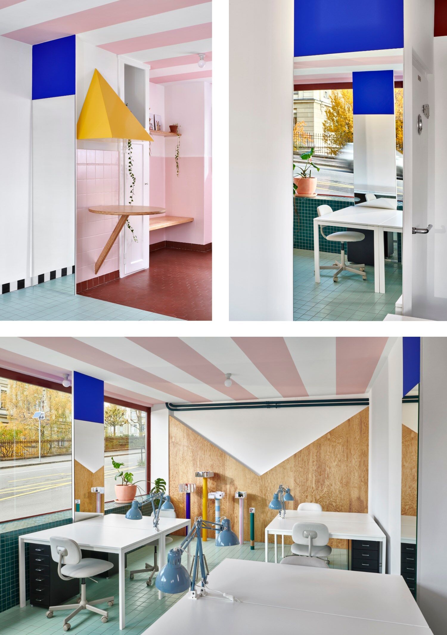 Vu depuis la rue, l’Office for Joyful Architects semble vivant, même quand personne ne s’y trouve. Des couleurs puissantes et des éléments aux géométries fortes «célèbrent le nécessaire et glorifient le banal», c’est ainsi que les architectes décrivent leur propre bureau. | ©Daniela Tonaituh Vu depuis la rue, l’Office for Joyful Architects semble vivant, même quand personne ne s’y trouve. Des couleurs puissantes et des éléments aux géométries fortes «célèbrent le nécessaire et glorifient le banal», c’est ainsi que les architectes décrivent leur propre bureau. | ©Daniela Tonaituh