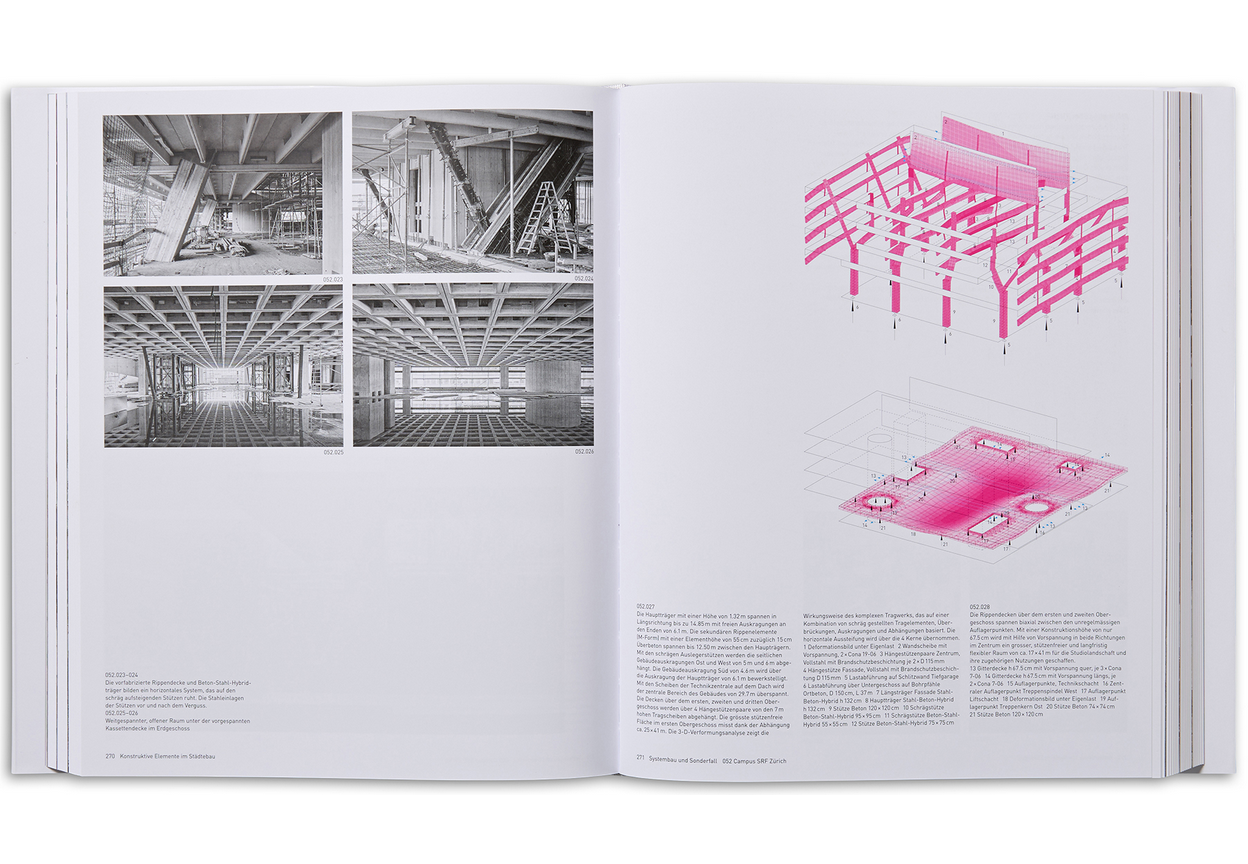Blick ins Buch: Baustellenfotografien und axonometrische Diagramme machen die Tragstruktur des Campus SRF Zürich nachvollziehbar. Die Gegenüberstellung ist beispielhaft für die Verbindung von Dokumentation und Analyse im Band | Abbildung © Park Books Park Books