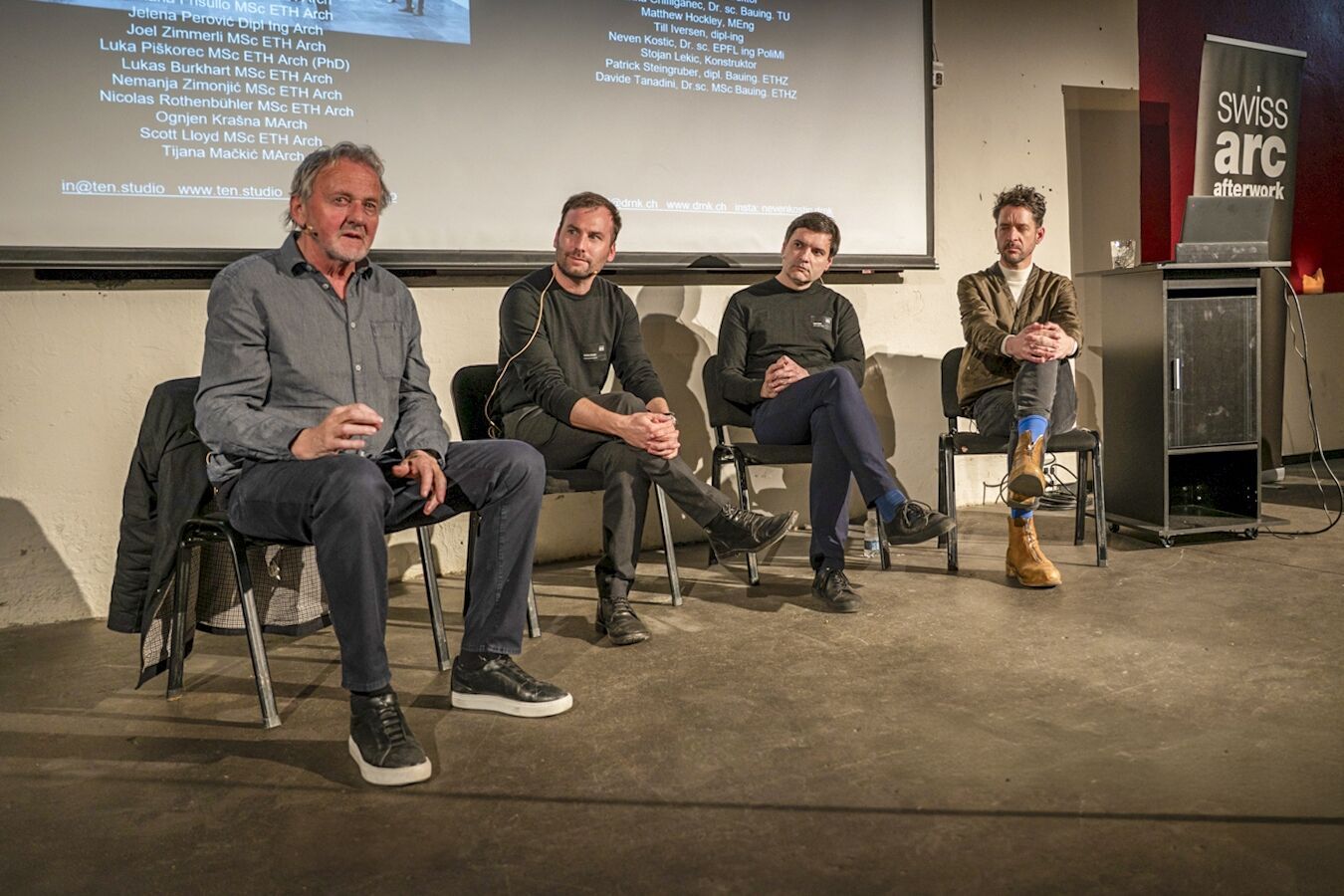 Gion A. Caminada, Mathias Stocker, Scott Lloyd und Neven Kostic diskutierten mit dem Publikum über die Potenziale hybrider Konstruktionen. | Foto: Johnathan von Ah Gion A. Caminada, Mathias Stocker, Scott Lloyd und Neven Kostic diskutierten mit dem Publikum über die Potenziale hybrider Konstruktionen. | Foto: Johnathan von Ah