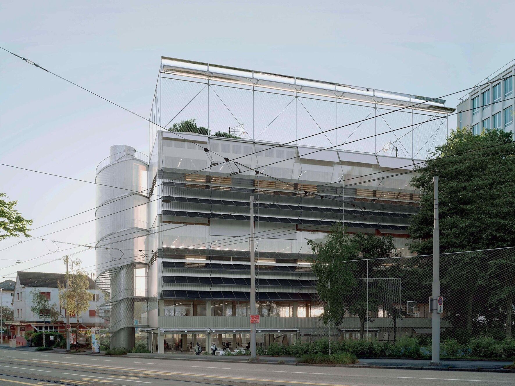 Das Siegerprojekt erweitert das ehemalige Radiostudio Brunnenhof um einen Holzneubau mit Solarfassade. | Visualisierung: Oliver Campagne, Paris Das Siegerprojekt erweitert das ehemalige Radiostudio Brunnenhof um einen Holzneubau mit Solarfassade. | Visualisierung: Oliver Campagne, Paris