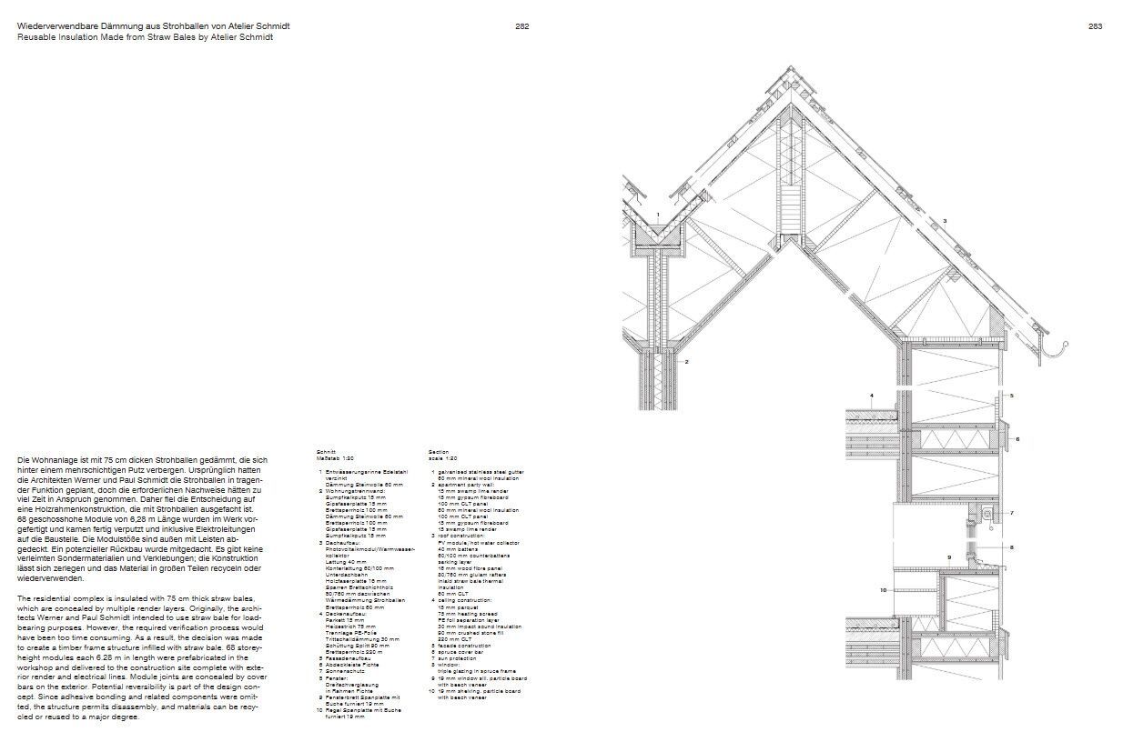 Der Schnitt durch die Siedlung im Vogelsang zeigt die mit Strohballen gedämmten Holzmodule. Die Konstruktion verbindet Vorfertigung mit der Möglichkeit, Bauteile später zu trennen und Materialien erneut zu verwenden, Atelier Schmidt, 2020 | Abbildung © Edition DETAIL Edition DETAIL
