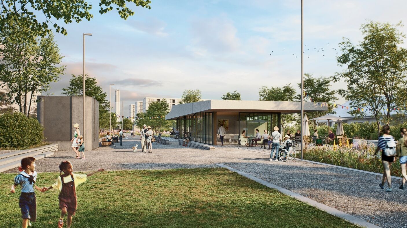 Sur la terrasse de Saatlen, située au milieu du parc, un pavillon invite à se recueillir. Outre le café, il abrite une salle séparée pour les manifestations. | Visualisation: Tom Schmid Sur la terrasse de Saatlen, située au milieu du parc, un pavillon invite à se recueillir. Outre le café, il abrite une salle séparée pour les manifestations. | Visualisation: Tom Schmid