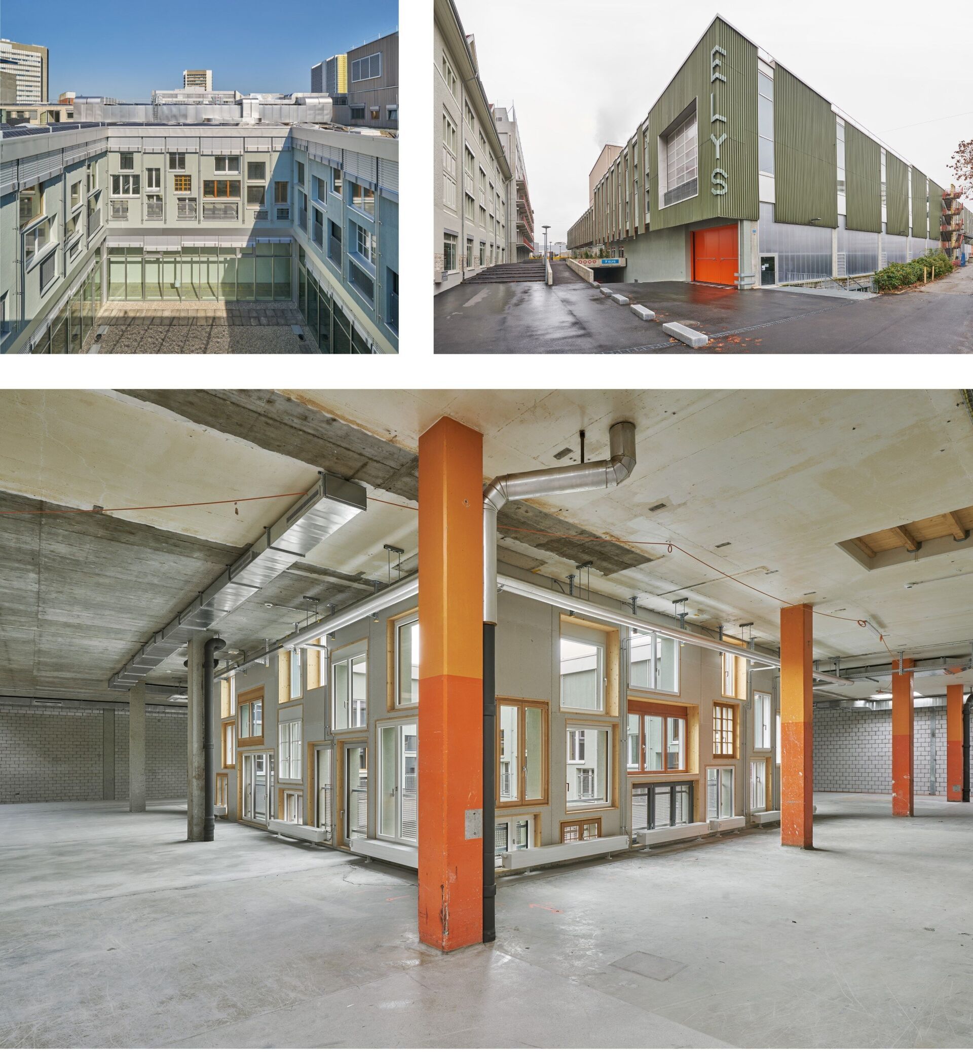 Die Transformation eines ehemaligen Coop-Verteilzentrums in das Kultur- und Gewerbehaus ELYS (2020) wurde durch Immobilien Basel-Stadt im Rahmen der Gesamtentwicklung Volta Nord initiiert und realisiert. Die Stahlbetonkonstruktion mit ihren Stützen und Platten konnte erhalten werden und erlaubte grosse Freiheiten bei der Aufteilung der neuen Innenräume. Die die rund 1000 Quadratmeter neuer Fassadenfläche wurde fast ausschliesslich aus wiederverwendeten Baumaterialien erstellt. Eine Konstruktion aus Vollholz und Leimbindern wurde mit Steinwolledämmresten verfüllt und mit Trapezblechen von den ehemaligen Dächern verkleidet. Die «Lagerfenster» wurden bei verschiedenen Herstellern zusammengekauft. Eric Honegger war bei diesem Re-use der verantwortliche Architekt und Oliver Seidel der Projektleiter. ©Martin Zeller Die Transformation eines ehemaligen Coop-Verteilzentrums in das Kultur- und Gewerbehaus ELYS (2020) wurde durch Immobilien Basel-Stadt im Rahmen der Gesamtentwicklung Volta Nord initiiert und realisiert. Die Stahlbetonkonstruktion mit ihren Stützen und Platten konnte erhalten werden und erlaubte grosse Freiheiten bei der Aufteilung der neuen Innenräume. Die die rund 1000 Quadratmeter neuer Fassadenfläche wurde fast ausschliesslich aus wiederverwendeten Baumaterialien erstellt. Eine Konstruktion aus Vollholz und Leimbindern wurde mit Steinwolledämmresten verfüllt und mit Trapezblechen von den ehemaligen Dächern verkleidet. Die «Lagerfenster» wurden bei verschiedenen Herstellern zusammengekauft. Eric Honegger war bei diesem Re-use der verantwortliche Architekt und Oliver Seidel der Projektleiter. ©Martin Zeller