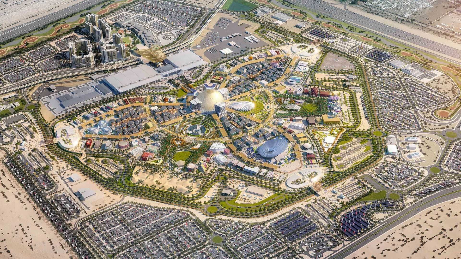L’Expo 2020 vue du ciel à travers une visualisation officielle de 2019. L’Expo 2020 vue du ciel à travers une visualisation officielle de 2019.