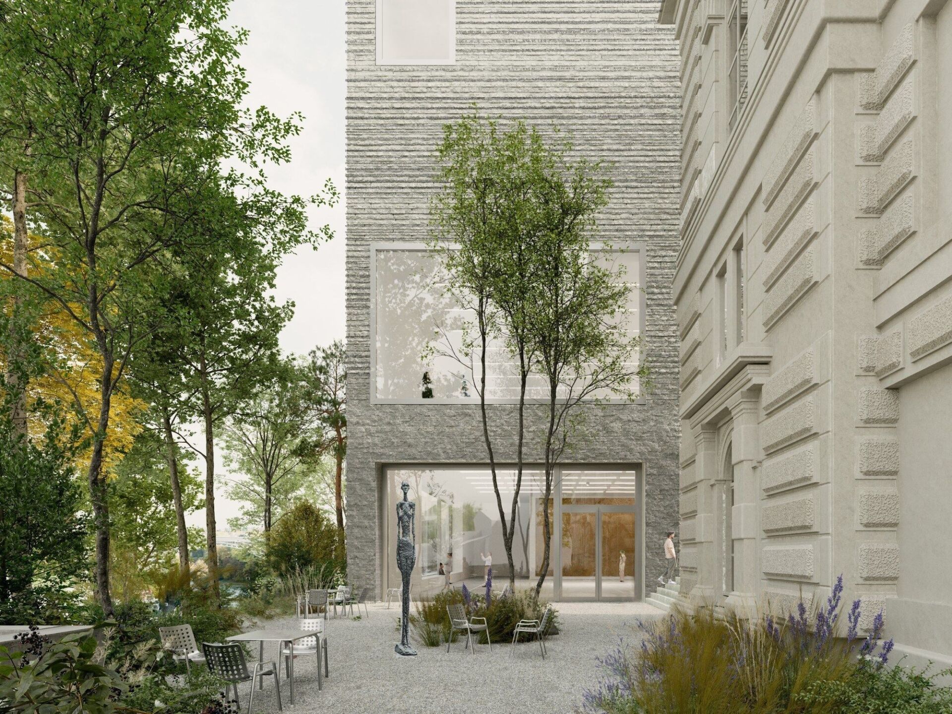 Blick von der Aareterrasse auf die Fassade des Erweiterungsbaus | Visualisierung: Schmidlin Architekten Blick von der Aareterrasse auf die Fassade des Erweiterungsbaus | Visualisierung: Schmidlin Architekten