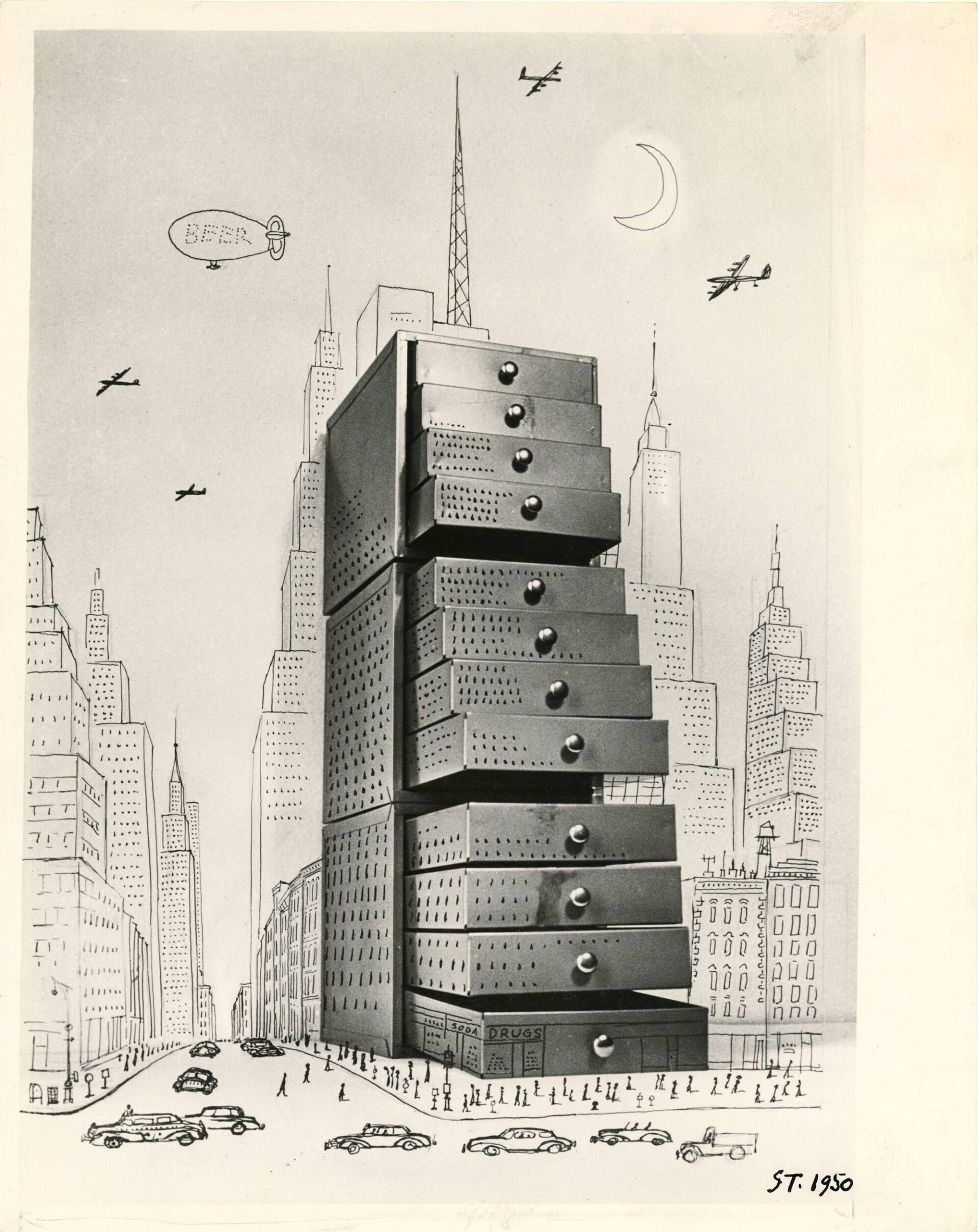 Die Skyline erscheint hier als kompaktes Möbelstück. Saul Steinberg, Chest of Drawers Cityscape, 1950, Morgan Library & Museum, New York. | Illustration © The Saul Steinberg Foundation/Artists Rights Society (ARS), New York The Saul Steinberg Foundation/Artists Rights Society (ARS)