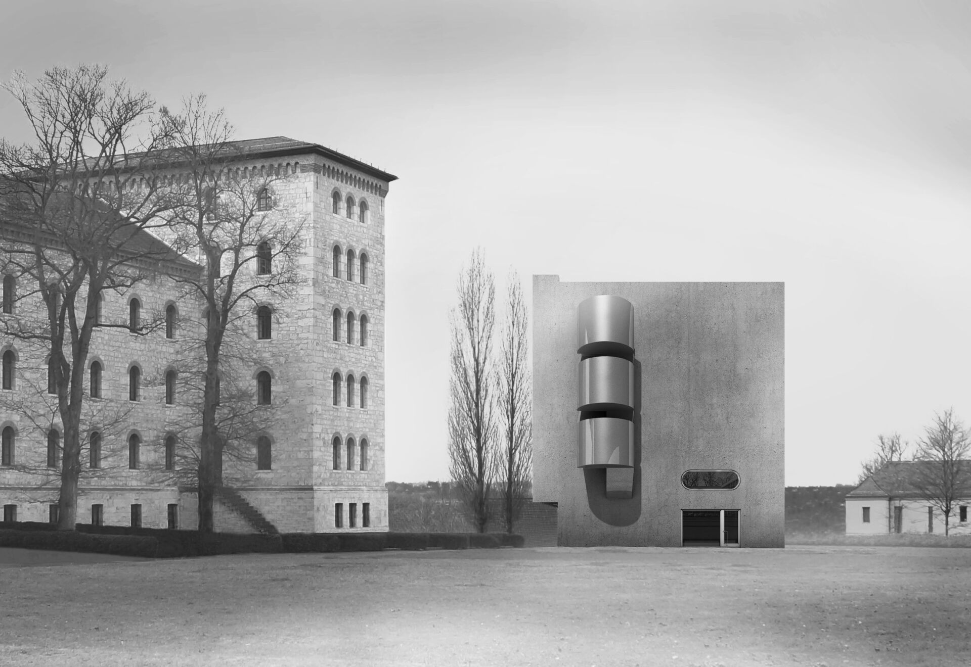 Almannai Fischer Architekten, Studentenwohnheim in Weimar zeigt Referenz zu Formgebung von Hollein, Visualisierung der Ostfassade, Wettbewerbsentwurf © Almannai Fischer Architekten Almannai Fischer Architekten, Studentenwohnheim in Weimar zeigt Referenz zu Formgebung von Hollein, Visualisierung der Ostfassade, Wettbewerbsentwurf © Almannai Fischer Architekten