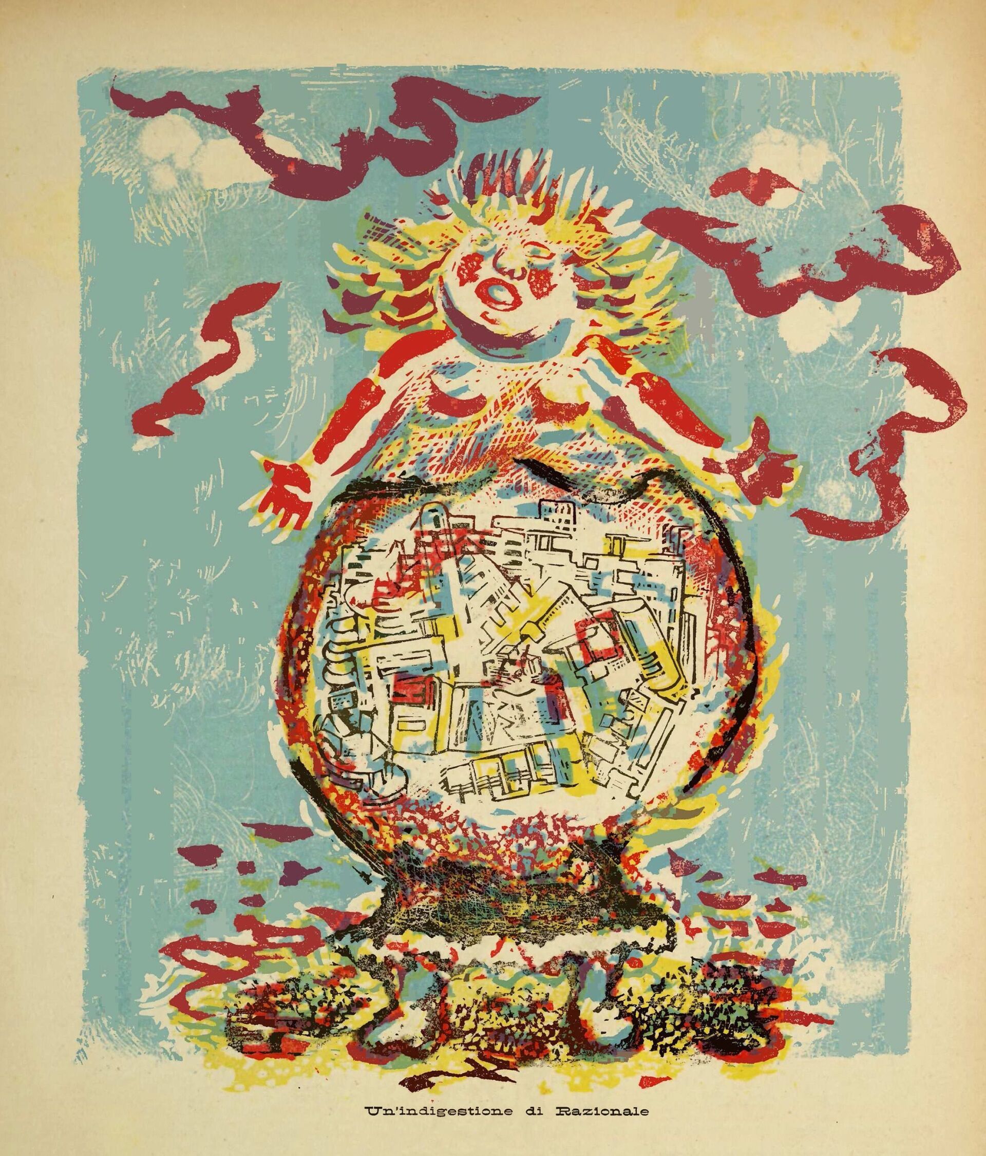 Die Figur trägt im Bauch einen Stadt- und Grundrissplan als sichtbare Überfüllung rationaler Ordnung. Mino Maccari, Un’indigestione di Razionale, «Il Selvaggio», 15 agosto / August 1936 | Illustration © Courtesy Eredi Mino Maccari Courtesy Eredi Mino Maccari