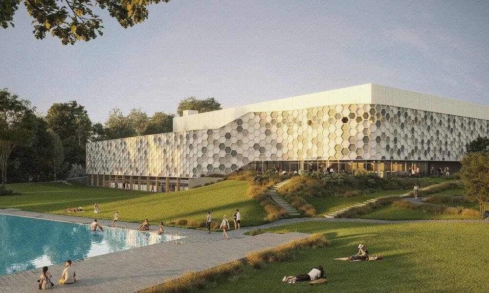 Le nouveau complexe de glace interagira avec la piscine des Mélèzes voisine. | Image: Dolci Architectes SA Le nouveau complexe de glace interagira avec la piscine des Mélèzes voisine. | Image: Dolci Architectes SA