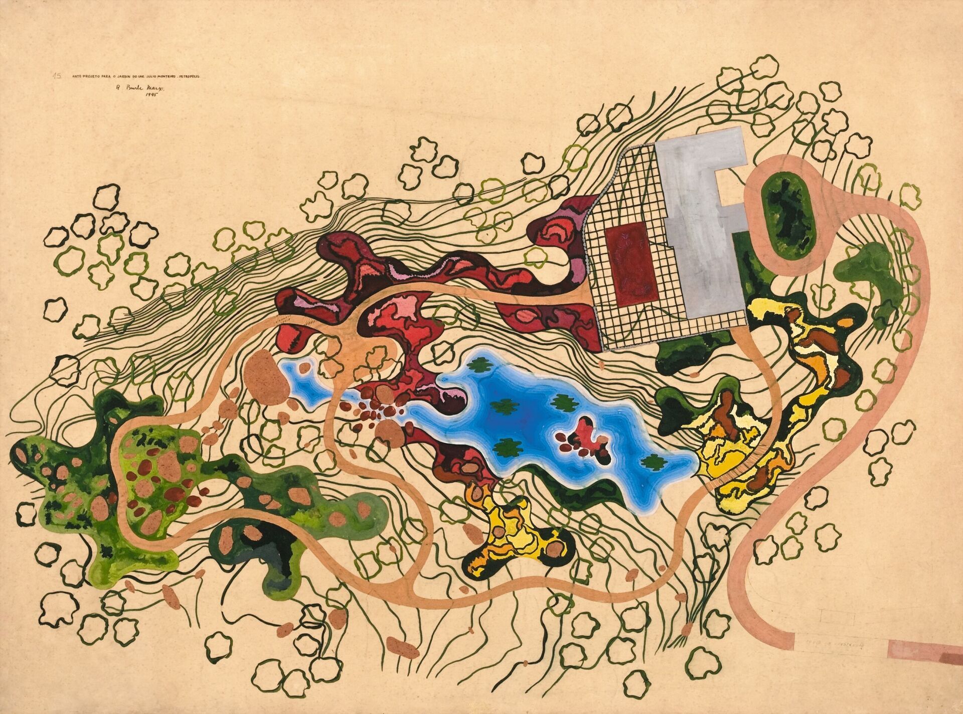Roberto Burle Marx, Residência Odette Monteiro, Corrêas, 1945, Gouache und Farbstift auf Sulfitpapier, 88,5 × 120 cm | Plan © Acervo Instituto Burle Marx Roberto Burle Marx, Residência Odette Monteiro, Corrêas, 1945, Gouache und Farbstift auf Sulfitpapier, 88,5 × 120 cm | Plan © Acervo Instituto Burle Marx