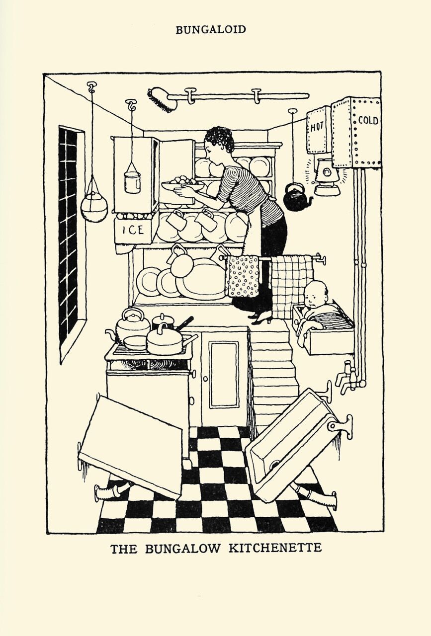 Die Zeichnung zeigt das moderne Kleinstwohnen als räumliche Übersteigerung. William Heath Robinson, pages from W. Heath Robinson, K.R.G. Browne, How to Live in a Flat, Hutchinson & Co., London 1936 | Illustration © Hutchinson & Co., London Hutchinson & Co., London