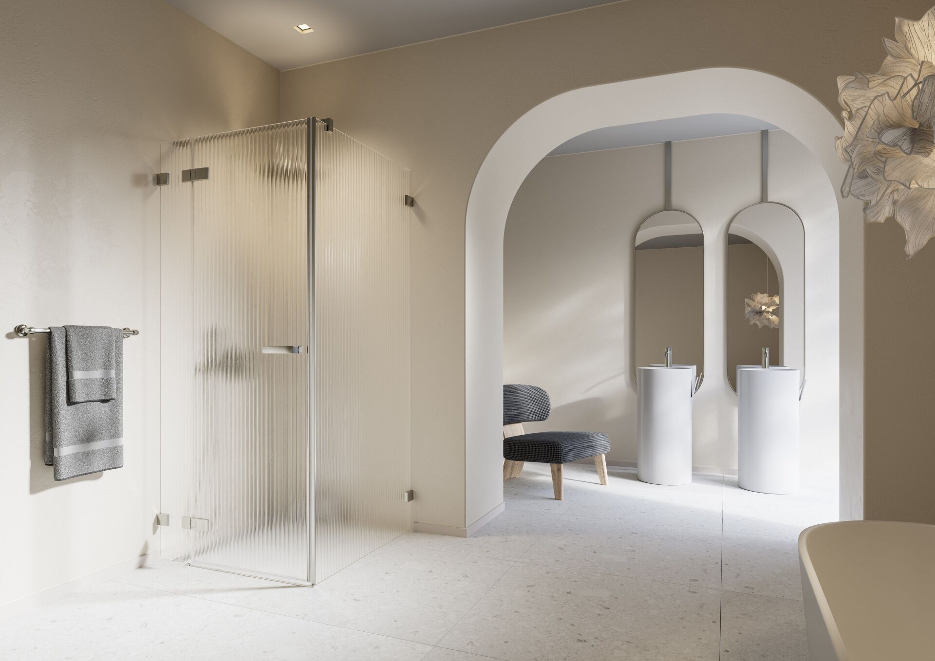S606 Plus Pendeltüre mit Festelement, Seitenwand und Design-Glas Wave | Foto © Bekon-Koralle