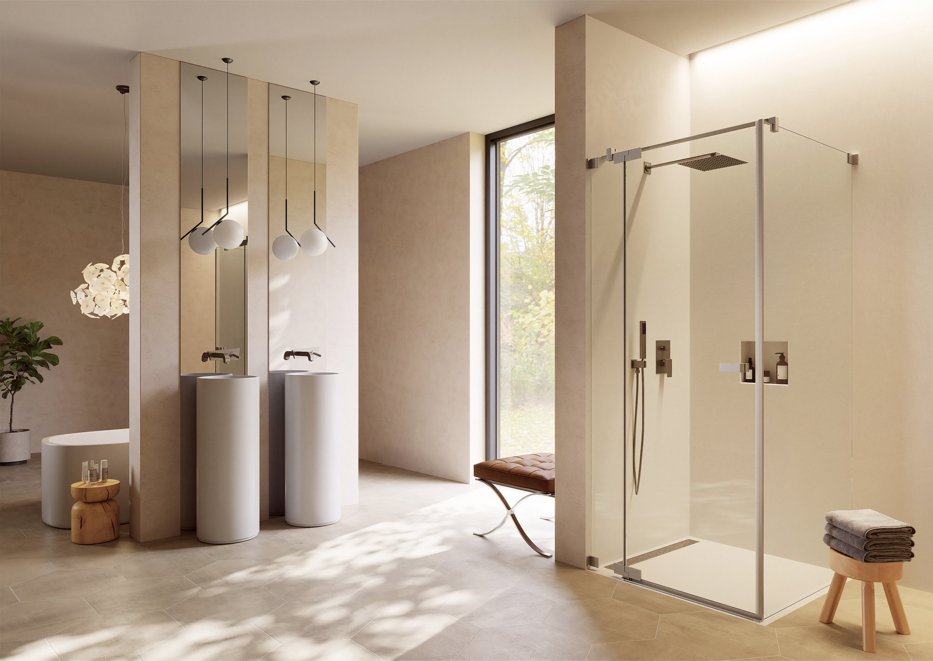 Die rahmenarme Duschabtrennung Ambiente S808 mit transparentem Glas und Beschlägen in Chrom strukturiert den offenen Duschbereich. | Foto © Bekon-Koralle Die rahmenarme Duschabtrennung Ambiente S808 mit transparentem Glas und Beschlägen in Chrom strukturiert den offenen Duschbereich. | Foto © Bekon-Koralle