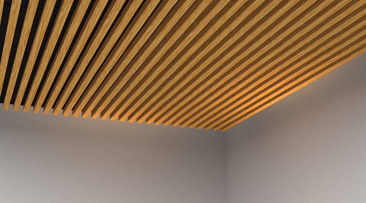 Plafond à lamelles en bois véritable. © KST AG Plafond à lamelles en bois véritable. © KST AG