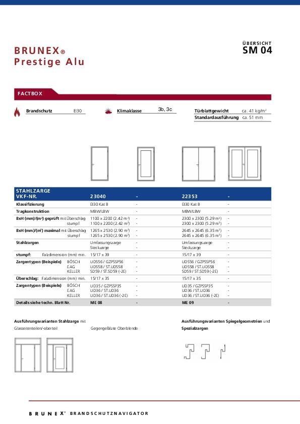 Technische Daten «Prestige Alu» Stahlzarge