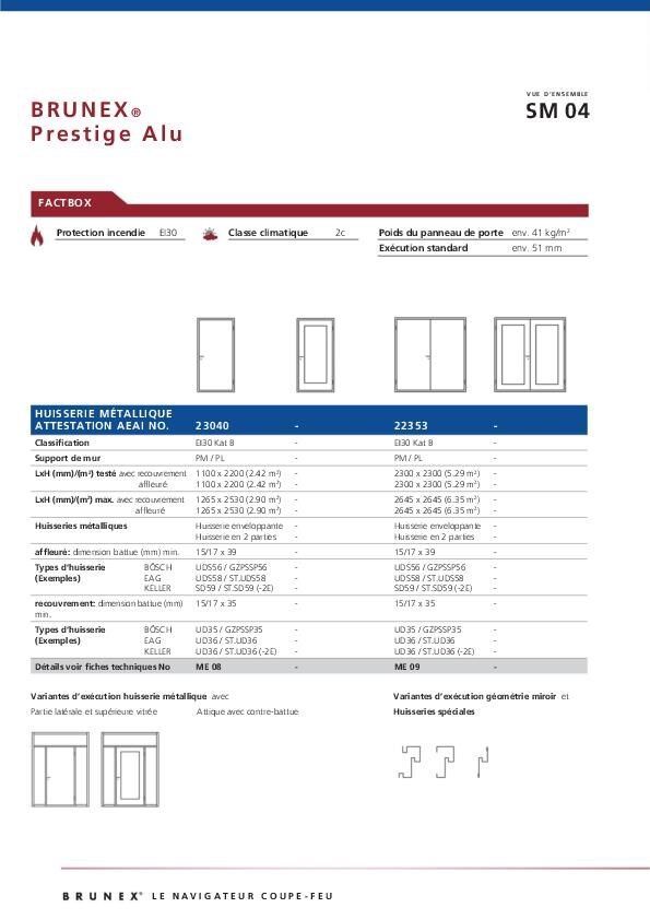 Données techniques «Prestige Alu» huisserie métallique