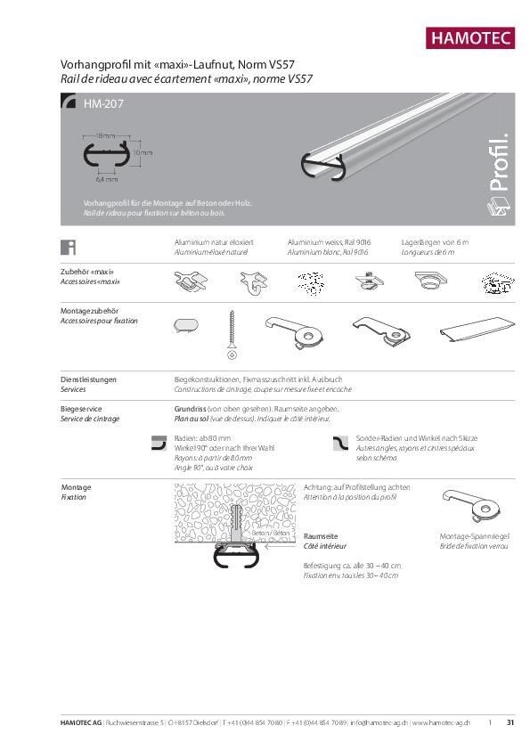 Rail de rideau avec écartement «maxi», HM-207, norme VS57