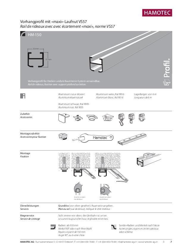 Rail de rideaux avec avec écartement «maxi», HM-150,  norme VS57
