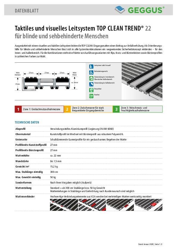 Datenblatt Top Clean TREND 22 (taktiles Leitsystem) Kunststoffprofil und Bürstenprofil