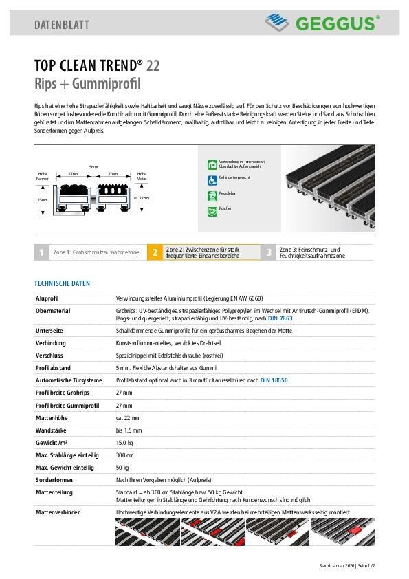 Datenblatt Top Clean TREND 22 Rips und Gummiprofil