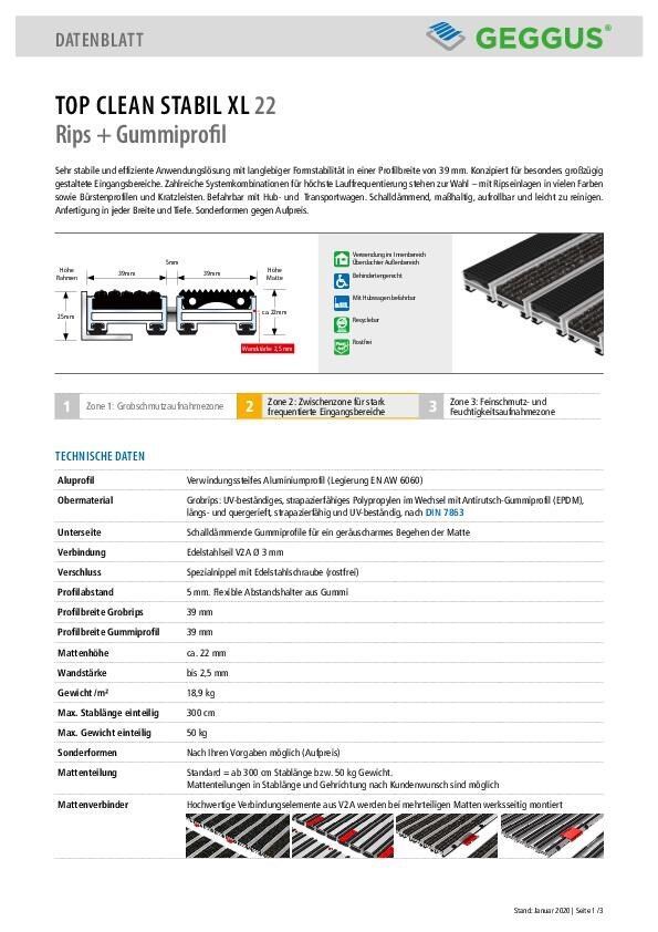 Datenblatt Top Clean STABIL XL 22 Rips und Gummiprofil
