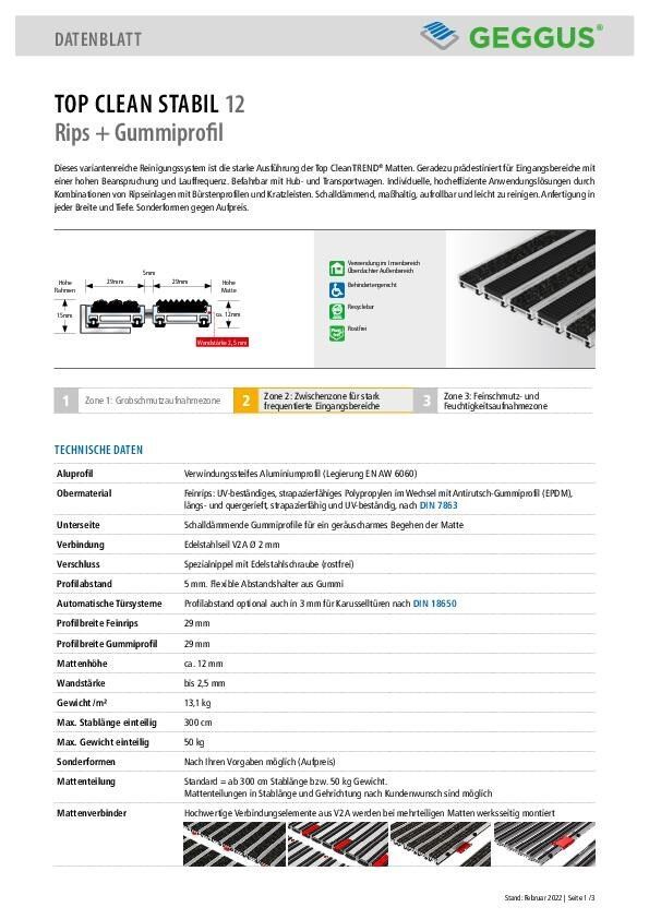 Datenblatt Top Clean STABIL 12 Rips und Gummiprofil
