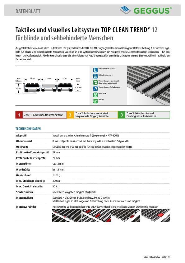 Datenblatt Top Clean TREND 12 (taktiles Leitsystem) Kunststoffprofil und Bürstenprofil