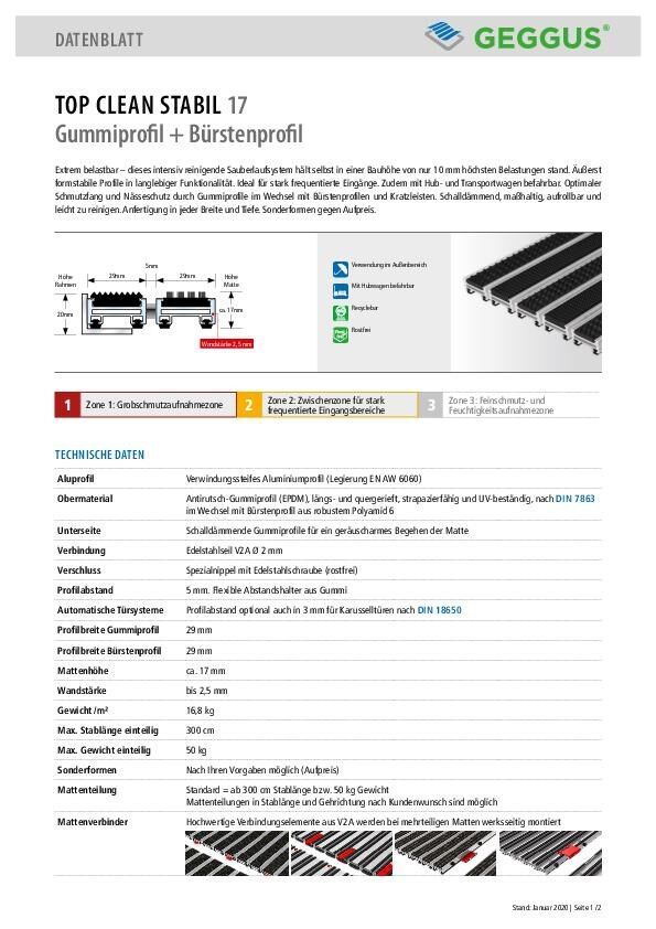 Datenblatt Top Clean STABIL 17 Gummiprofil und Bürstenleiste