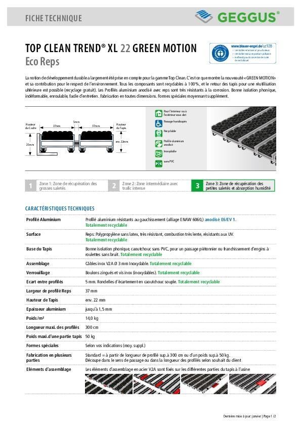 Fiche Technique tapis d'entrée Top Clean TREND XL 22 GREEN MOTION Eco Reps