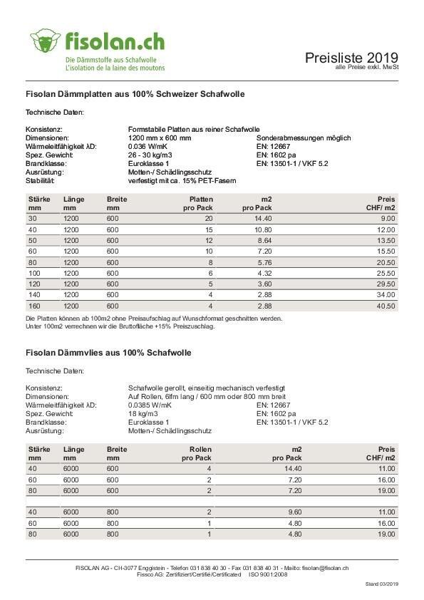 Preisliste Dämmstoffe aus Schafwolle