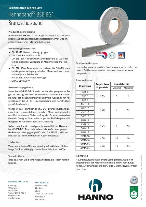 Technisches Merkblatt Hannoband-BSB BG1