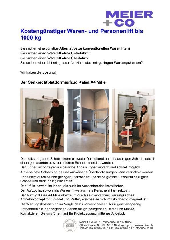 Daten- und Massblatt Kalea A4 Mille Waren- und Personenlift bis 1000 kg