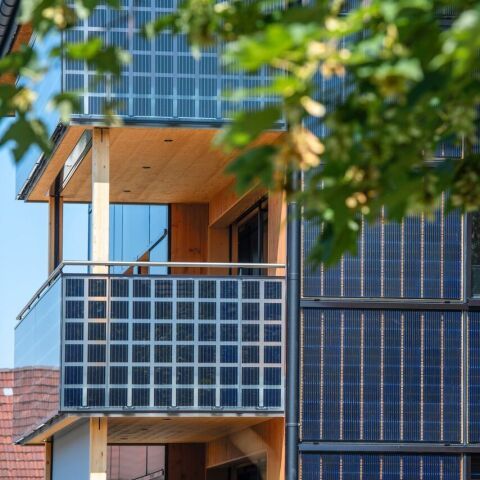 Solaraktive Fassade in Holzoptik