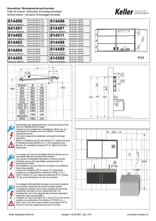 Massskizze und Montageanleitung Spiegelschrank Illuminato