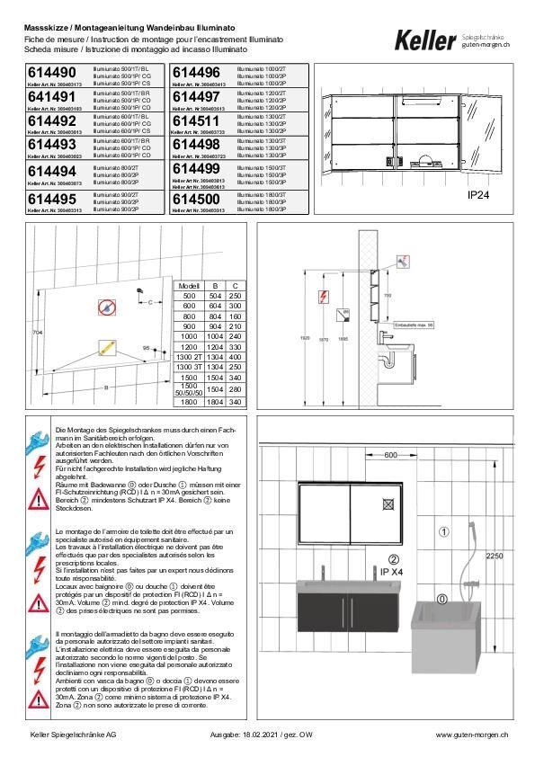 Massskizze und Montageanleitung Wandeinbau Spiegelschrank Illuminato